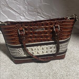 Brahmin Tan and Cream Croc-Embossed Mini Misha
